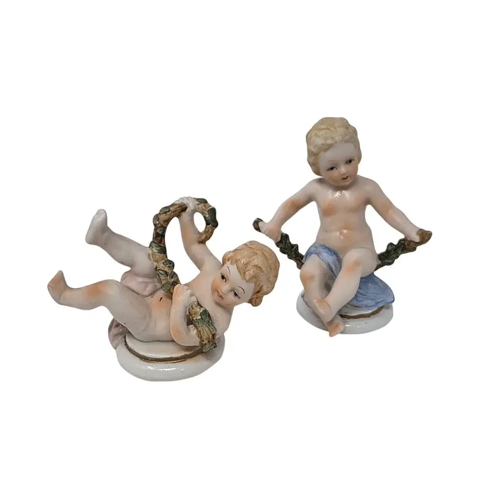 Pair Vintage Bisque Piano Baby Figurines Porcelain Child Figures Decor